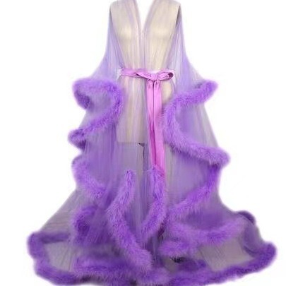 Sexy feather sheer nightgown featuring long sleeve lace trim, flared sleeves, and train design.