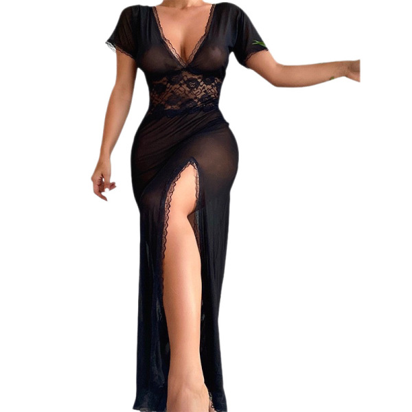 Sexy black lace mesh long dress with high slit, sheer v-neck design for women – perfect for nightclubs or lingerie.