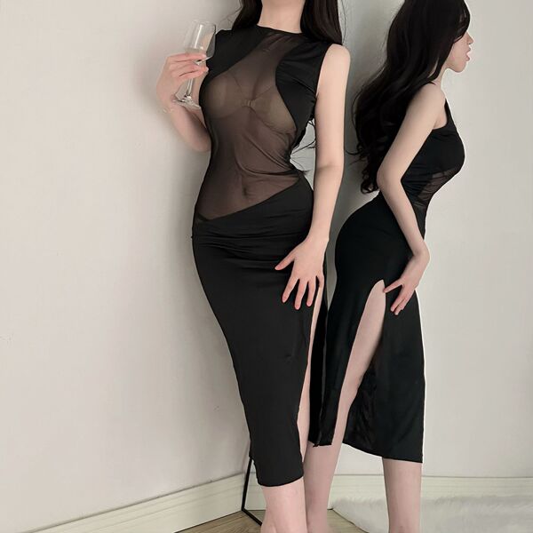 Woman in black sheer bodycon dress with lace mesh, high slit, and tight fit—perfect for nightlife or parties.