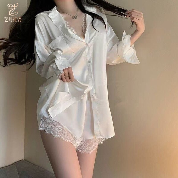 New sexy lace sleep shirt set - pure & alluring ice silk long sleeve womens pajama set, lightweight white button-down design ...