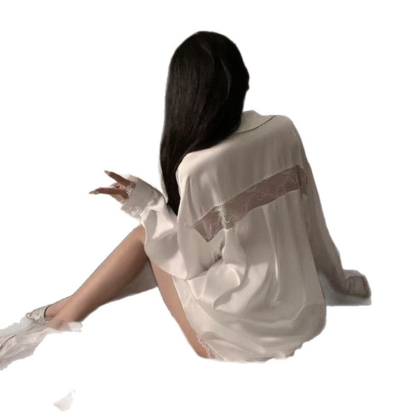 New sexy lace sleep shirt set - pure & alluring ice silk long sleeve womens pajama set, lightweight white button-down, soft a...