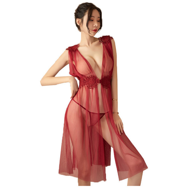 Sexy lace sleepwear set featuring a transparent long nightgown with matching delicate lingerie, perfect for women seeking ele...