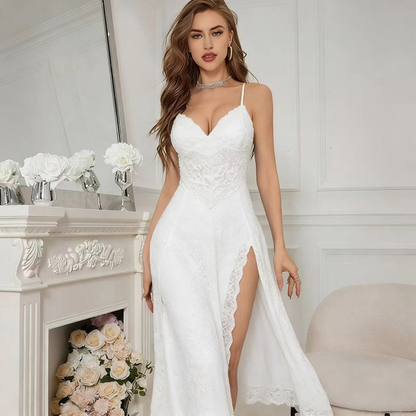 Sexy lace nightgown with high slit, elegant design, perfect for evening wear.