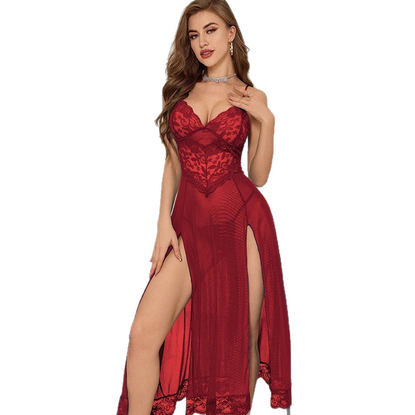 Sexy lace sleepwear set featuring sheer high-slit long nightgown, elegant design with intricate patterns, perfect for evening...