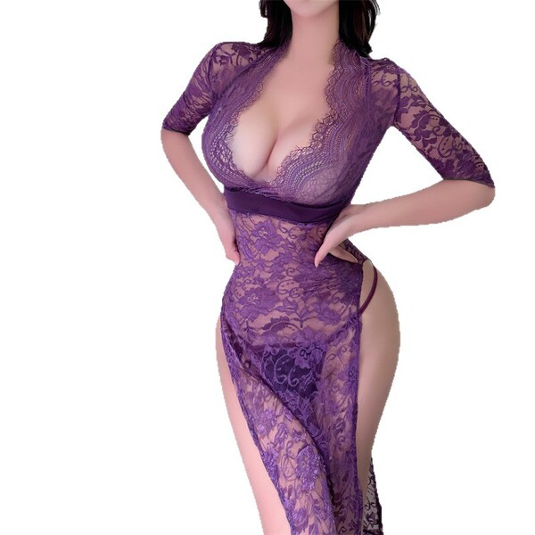 Sexy lace dress with side slit, bodycon fit, long sheer design, perfect for evening wear or sleepwear.