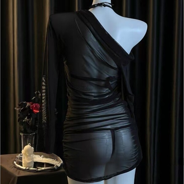 Sexy off-shoulder long sleeve sheer bodycon dress – provocative lingerie-inspired outfit for women, shown on mannequin with b...