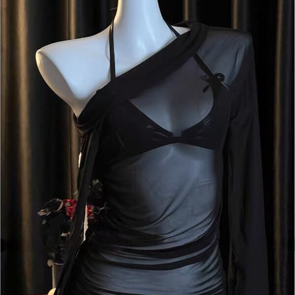 Sexy off-shoulder sheer bodycon dress with long sleeves and lingerie-inspired detailing for women.