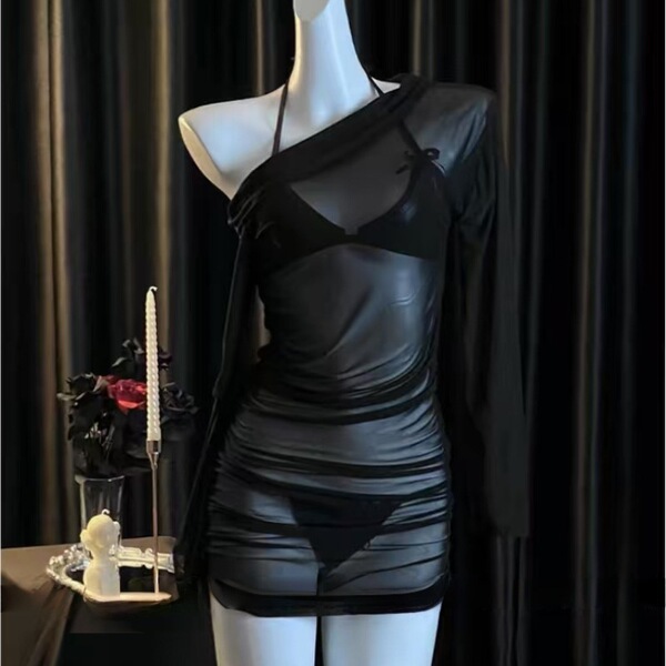 Sexy off-shoulder sheer bodycon dress with long sleeves, lingerie-inspired design for women.