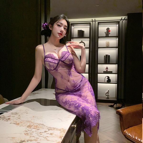 Sexy purple lace temptation long dress featuring high-slit sheer mesh and underwire push-up support, perfect for evening eleg...