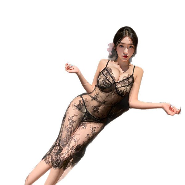 Sexy purple lace temptation long dress featuring high-slit sheer mesh design with underwire push-up support for elegant sleep...