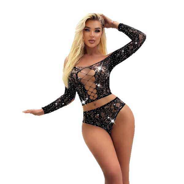 Woman modeling sexy rhinestone two-piece set with off-shoulder long sleeves, perfect for nightclub and party outfits.