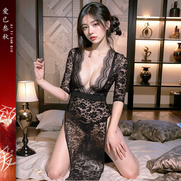 Sexy secretary costume for women - modest yet alluring role play outfit with deep v-neck & side slit long dress