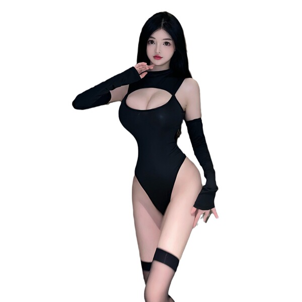 Sexy tight-fitting long sleeve bodysuit with passionate no-remove snap closure, swimsuit-style outfit for small bust.