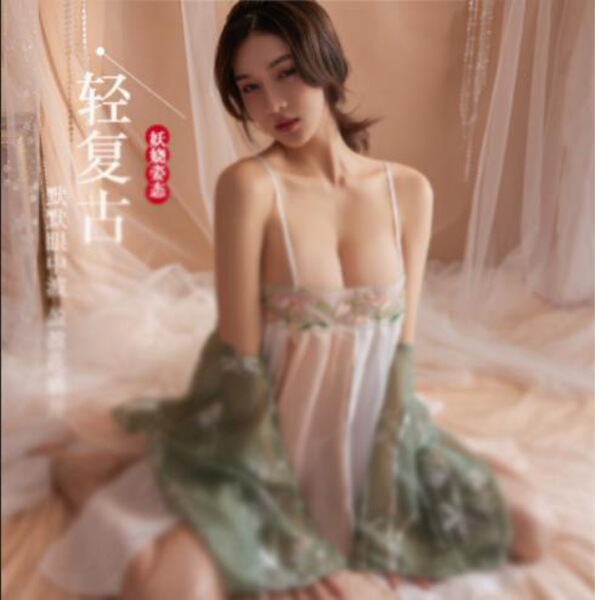 Sheer hanfu-inspired lingerie set with floral bodysuit and long skirt, perfect for belly dance or romantic evenings.