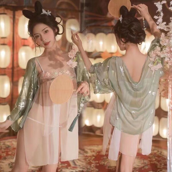 Sheer ancient chinese court lingerie set featuring sensual design, perfect for plus-size women. includes a delicate bodysuit ...