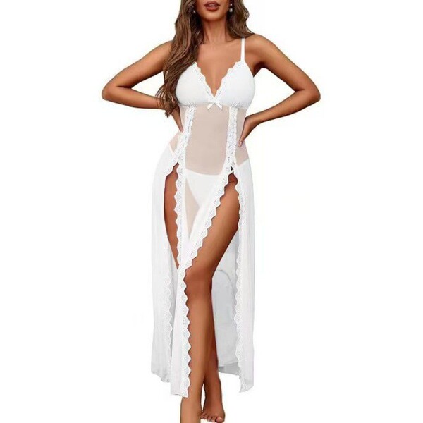 Long sheer lace evening dress with high slit, sexy mesh design, elegant and sensual look.
