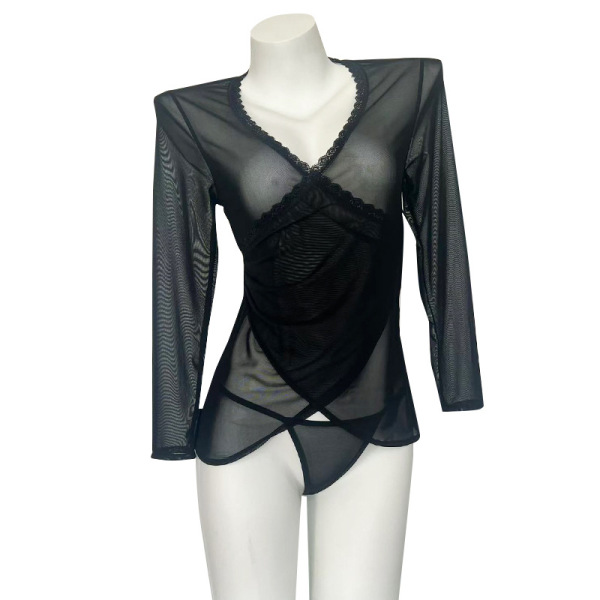 Sheer mesh long sleeve sleep dress with bodycon fit and no-remove design, exuding pure temptation in black lingerie style.