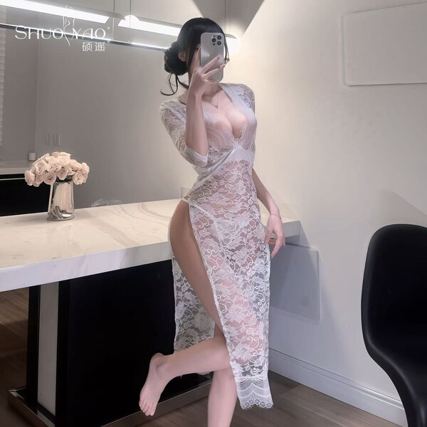 Shuoyao sexy lace sheer long dress - seductive side-slit bodycon lingerie sleepwear for women, featuring elegant lace design ...