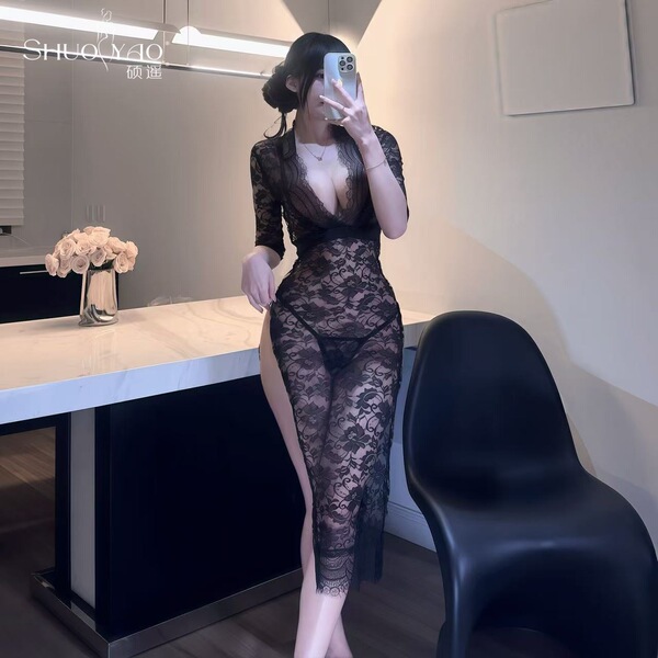 Sexy lace sheer long dress with seductive side slit, bodycon design, perfect for women seeking elegant and daring fashion.