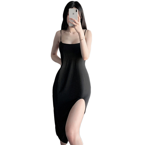 Sexy black nightgown with thigh-high slit, perfect for role play and nightclub outfits.