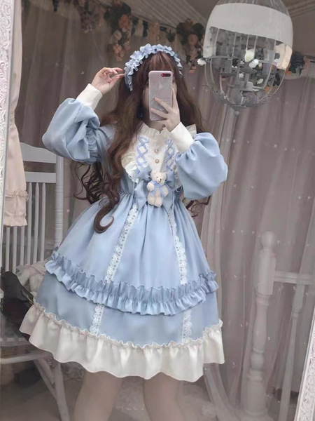 2026 Cute Sweet Lolita Dress for Women – Elegant Long Sleeve Party & Performance Dress - Sky blue long-sleeved Lolita dress (single dress)