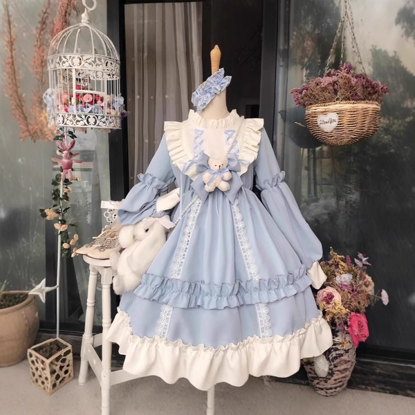 Japanese Maid Costume Dress - Long Sleeve Cute Lolita Student Outfit, Sexy-Cute Cosplay Dress for Women - Sky blue long-sleeved Lolita dress + free teddy bear bow