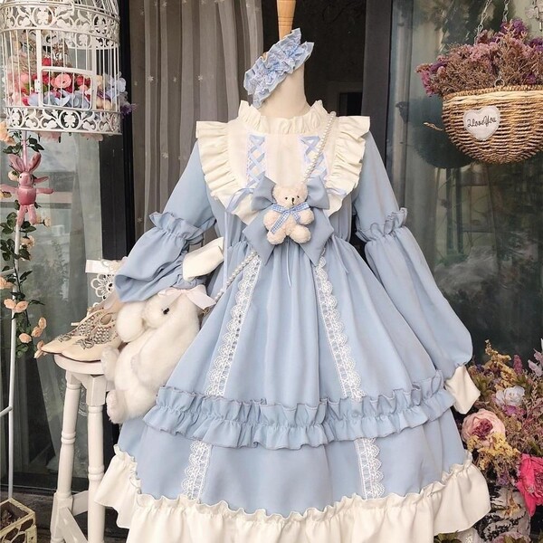 Japanese Style Plus Size Black White Lace Maid Dress - Lolita Cosplay Outfit Set for Women - Sky blue long-sleeved Lolita dress + free teddy bear bow