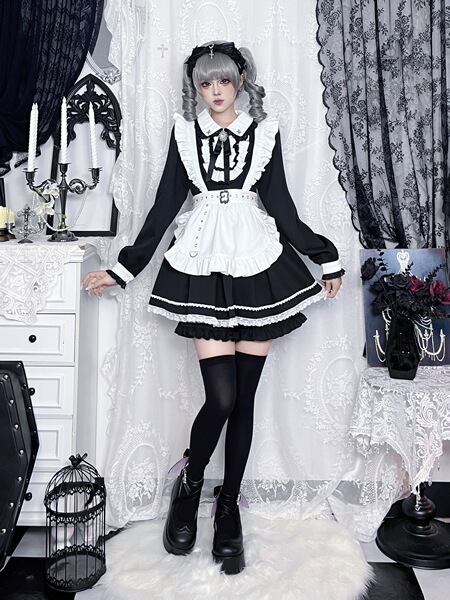 Japanese Style Lolita Dress - Sweet & Edgy Black White Maid Cosplay Costume, Aesthetic Subculture Outfit - Long-sleeved suit + black knee-high socks