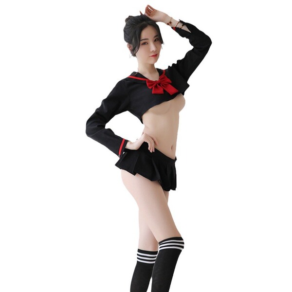 Sailor-themed long sleeve costume with red collar, black skirt, knee-high socks, perfect for photoshoots and nightclub wear.