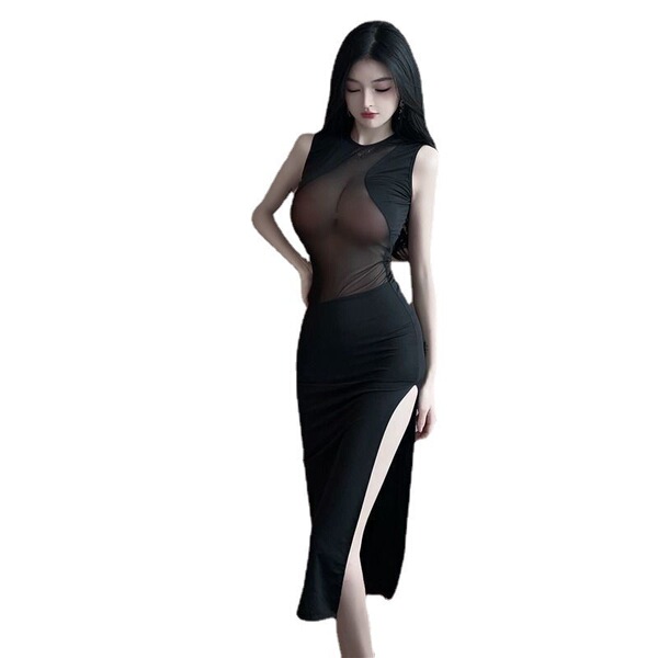 Elegant black bodycon dress with sheer mesh design and thigh-high slit, perfect for nightclub wear and special occasions.