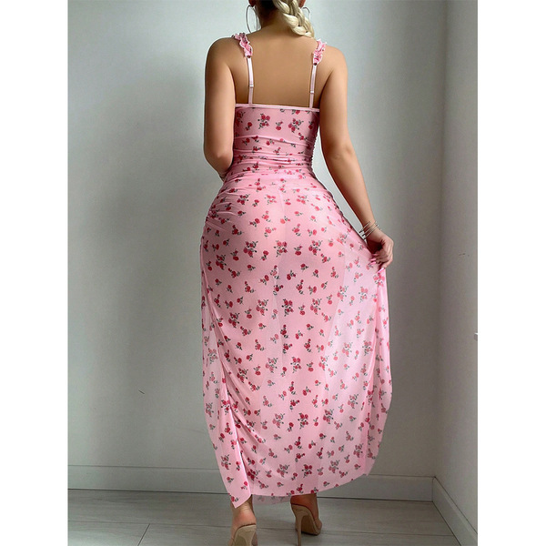 Pink floral patterned long skirt with thong top, elegant design perfect for evening wear or themed events.