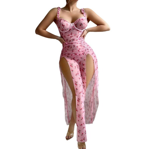 Sexy temu pink split long skirt & thong set, uniform-inspired costume for women, elegant floral design, perfect for special o...
