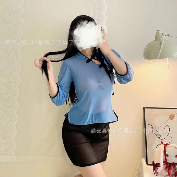 Vintage chinese student uniform lingerie featuring a seductive mesh long qipao sleep gown for women, perfect for elegant even...