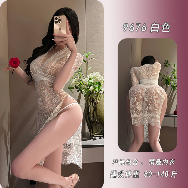 Feiniao Kuiyue Sexy Lace Deep V Lingerie Set - Sheer Temptation Uniform with Side Slit & Body-Conforming Fit - White maxi dress + T-shirt