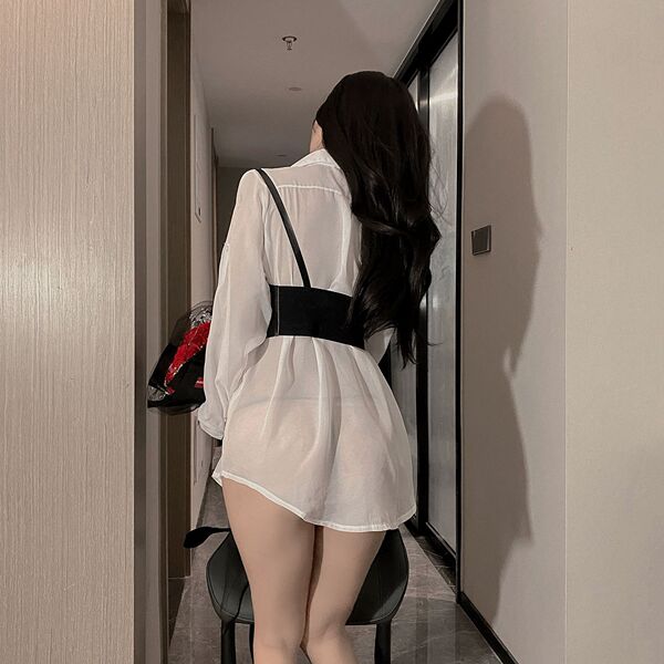 White lace sexy uniform set featuring long sleeve shirt with strap harness, ideal for role play and cosplay outfits.