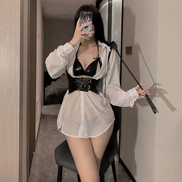 White lace long-sleeve shirt paired with black leather harness, perfect for role play and cosplay outfits.