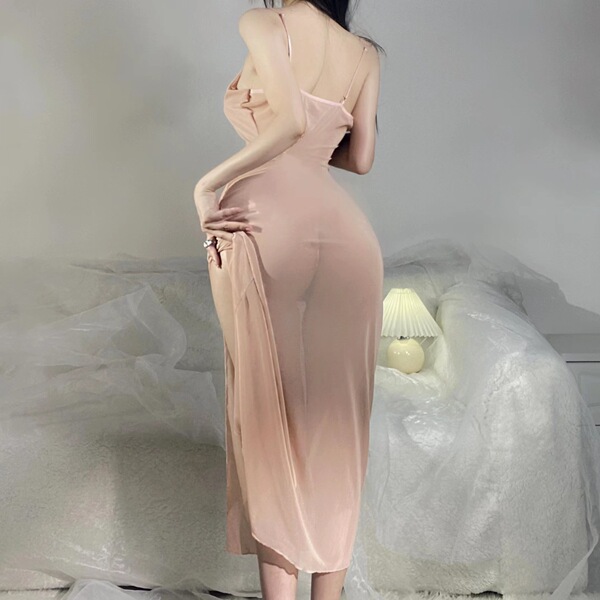 Womens plus size sexy lace mesh long nightgown - transparent seductive sleep dress for intimate nights