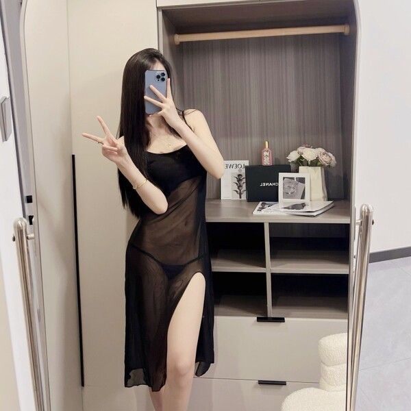 Sexy sheer lace sleep dress with transparent mesh design, long nightgown perfect for romantic moments.