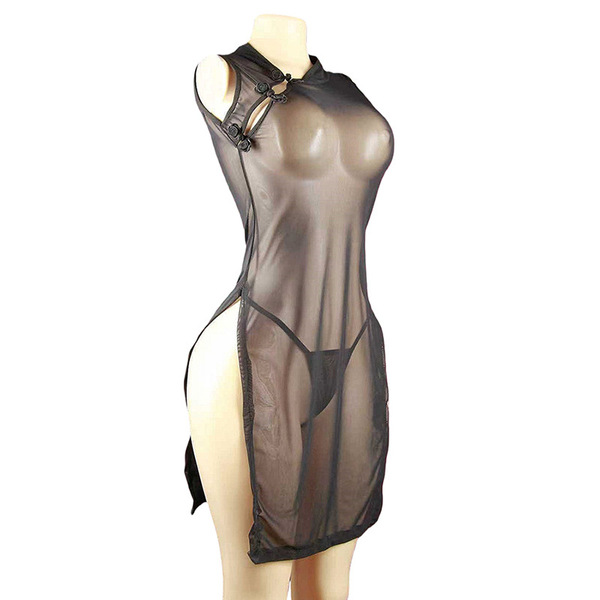 Sexy slim-fit sheer lace cheongsam sleepwear with long slit design, perfect nightgown for women.