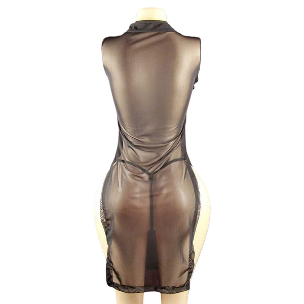 Sexy slim-fit sheer lace cheongsam sleepwear with long slit design, perfect for women seeking elegant and transparent nightgo...