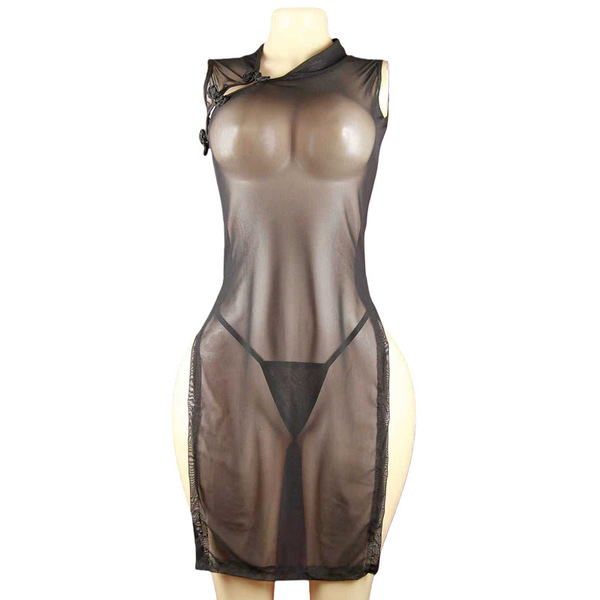 Sexy slim-fit sheer lace cheongsam sleepwear with long slit design, perfect nightgown for women.