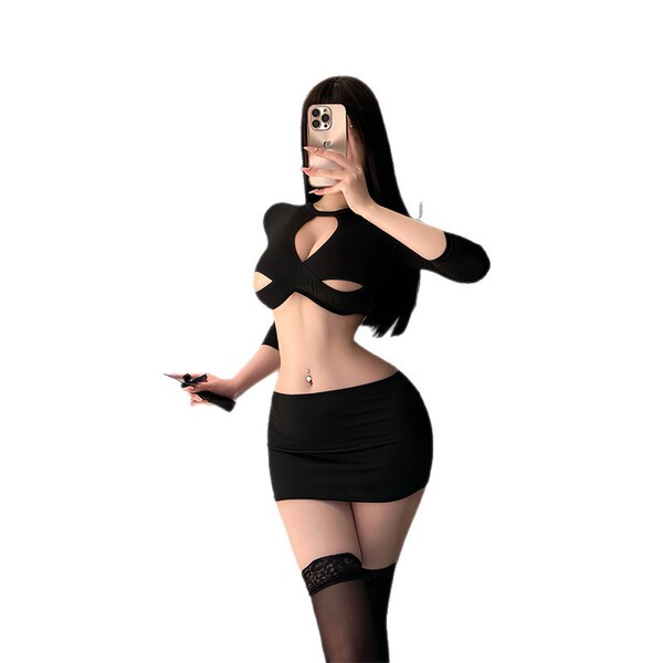 Woman in black yeyu bodycon mini skirt and long-sleeve top, posing with phone—seductive secretarial lingerie set for women.
