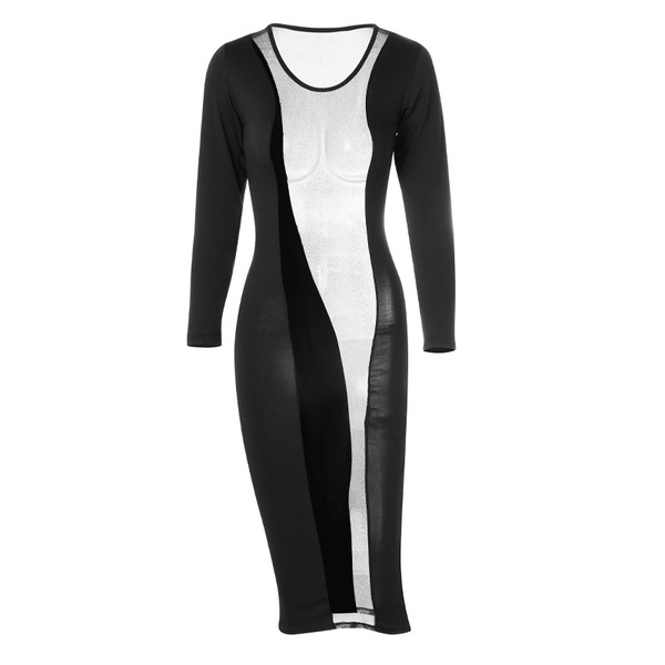 Sexy nightwear dress featuring black and white panels, long sleeves, and a fitted silhouette, perfect for evening events or s...