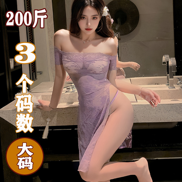 Model wearing yiying purple lace cheongsam dress with one-shoulder design, high slit, sheer fabric, and butt-cleavage detail.