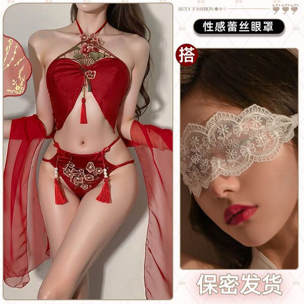 Red Chinese-Style Lingerie Set - Sexy Hanfu Belly Dance Bralette with Lace & Tassels, Romantic Sleepwear - Flowers in Full Bloom + White Embroidered Eye Mask