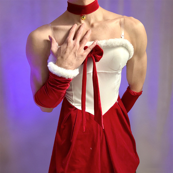 Sexy chinese new year costume featuring a red velvet bunny boy design, perfect for role play with a festive look.