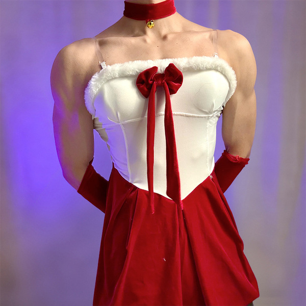 Sexy chinese new year bunny boy costume - lingerie dress for men with red velvet accents and bow detail