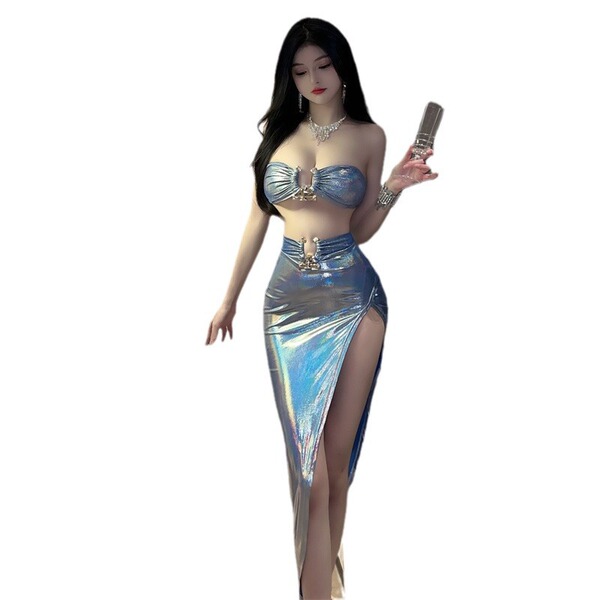 Woman in love-ruru sexy lace corset set with off-shoulder top and high-slit skirt, holding a perfume bottle.