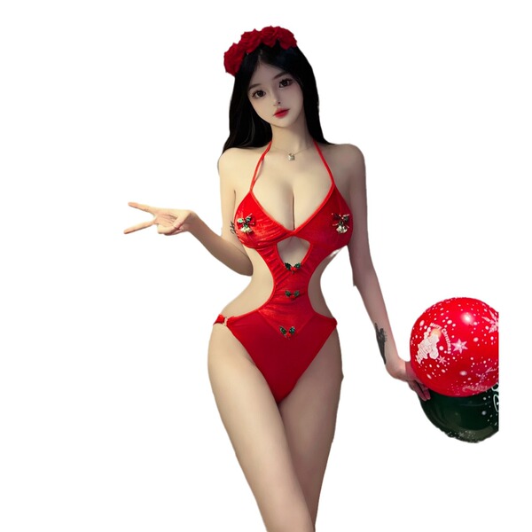 Sexy red lace sleep dress featuring halter neck, bow details, and peekaboo cutouts, perfect for a princess-themed erotic ling...