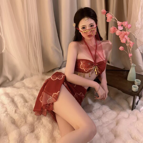 Vintage chinese-inspired lingerie set featuring a plus-size hanfu-style bodysuit with modest design elements, perfect for sle...